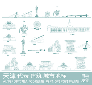 天津城市景点手绘设计地标志插画剪影建筑旅游天际线条描稿素材