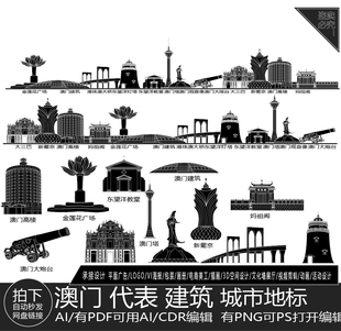 澳门粤港澳大湾区景点地平天际线描稿建筑插画城市旅游地标志素材