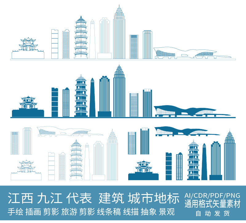 九江江西城市景点设计地标插画手绘旅游剪影建筑天际线条描稿素材