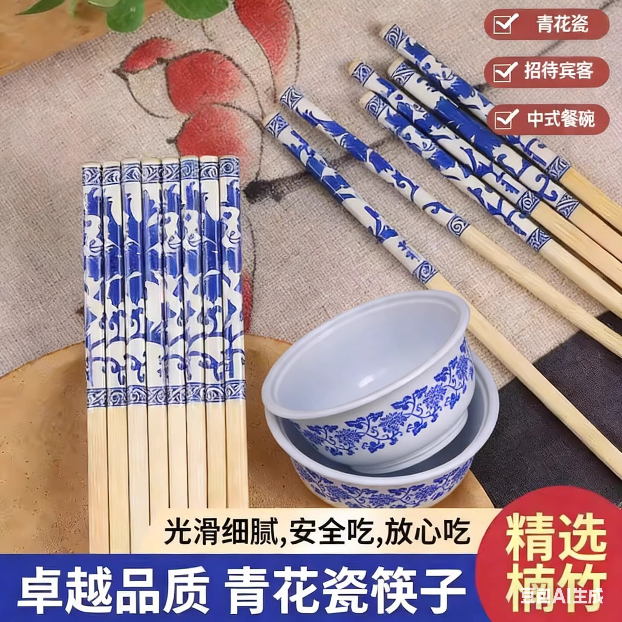 青花瓷一次性竹筷独立装外卖