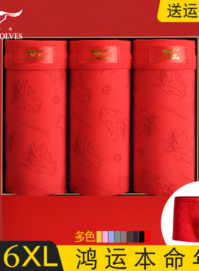 七匹狼男士内裤纯棉弹力平角裤大红色本命年狼头福气男生四角裤