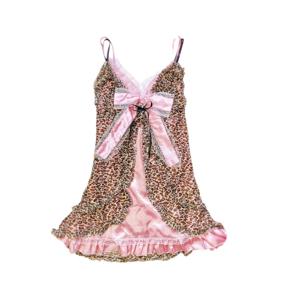 thumbnail for Ancient Y2K Japanese Shibuya Hottie Ji Dream Leopard Print Bow Lace Design Sense Sundress Set