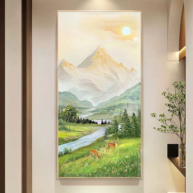 手绘油画入户正对k门玄关客厅日照金山小鹿饮水现代轻奢装饰画挂图片
