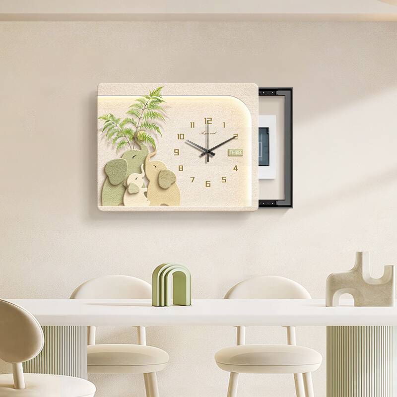 奶油风大象电表箱装饰画绿植餐厅配电箱挂画带钟表电闸盒遮挡壁u.