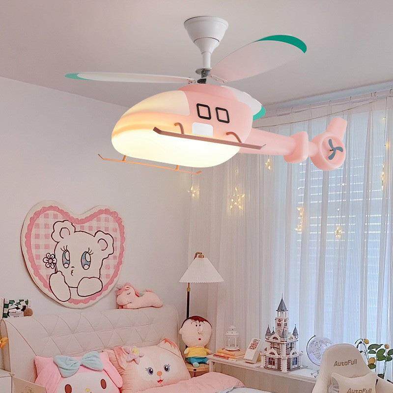飞机吊灯儿童房卧室灯简约现代护眼卡通造型灯男孩房直升机风扇灯