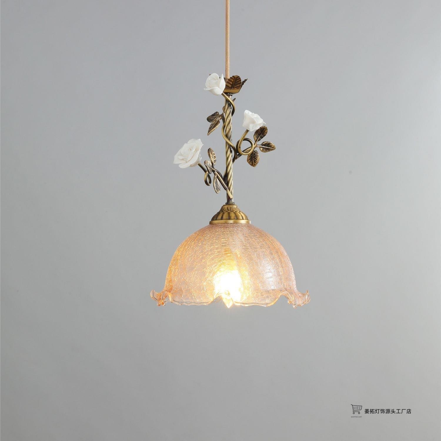 全铜法式床头吊灯氛围玫瑰花朵小吊灯田园复古艺术浪漫餐厅吧台灯