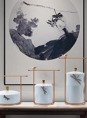 新中式青绿色蜻蜓开盖小鸟铁艺陶瓷家居装饰品酒店玄关博古架摆件