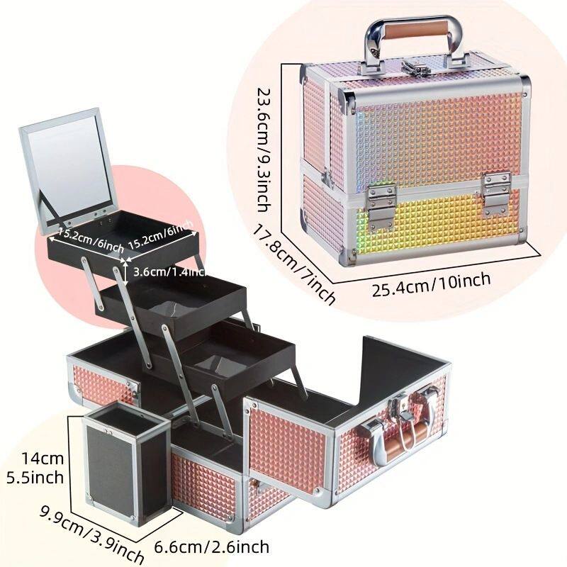 跨境热销钻石纹ABS手提铝合金化妆箱带托盘镜子甲油大容量收纳箱
