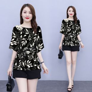 夏季女装2023新款套装时尚洋气雪纺衫显瘦上衣短裤子两件套