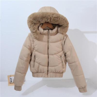 欧美女装可脱卸袖两穿短款修身高腰棉服外套休闲加厚毛领加绒棉衣