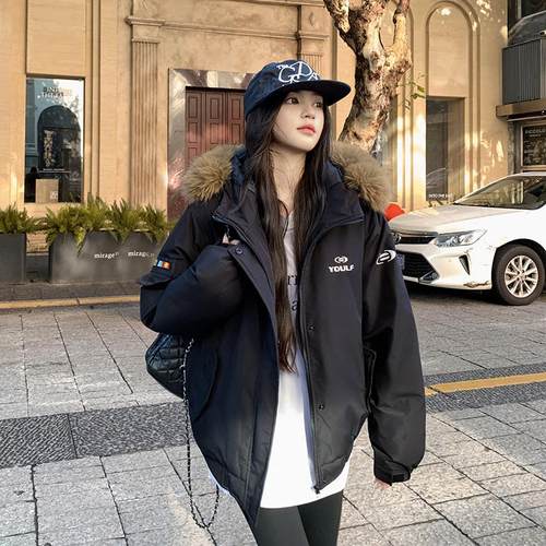 2025冬韩版新款大毛领工装羽绒棉服宽松加厚派克服百搭外套女