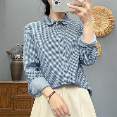 2025双层棉纱小个子女生翻领娃娃领衬衣女长袖春秋衬衣小格子上衣