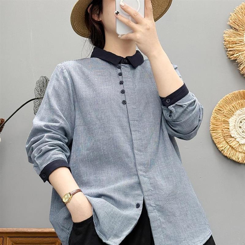 2025春秋新款格子衬衫女长袖翻领宽松休闲百搭衬衣上衣潮棉衬衣