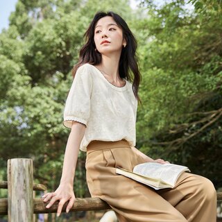 茵曼休闲撞色圆领短袖衬衣女2023年夏季新款宽松显瘦纯棉衬衫上衣