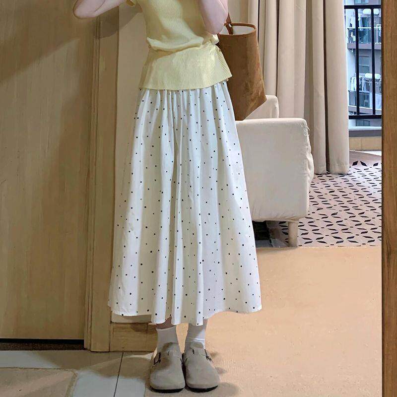 波点半身裙女夏季2025新款高腰a字显瘦中长款法式小个子白色伞裙