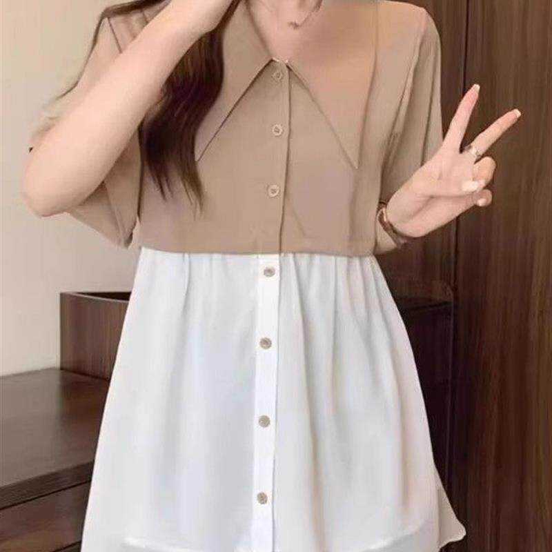 女士短袖衬衫高级感夏装新款减龄洋气显瘦胖mm藏肉宽松雪纺上衣潮