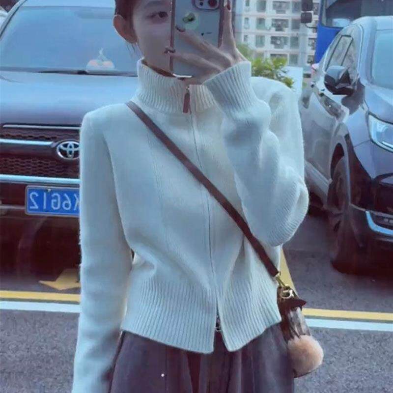 双拉链高领针织开衫毛衣女款2026年新款多巴胺穿搭小个子内搭冬装