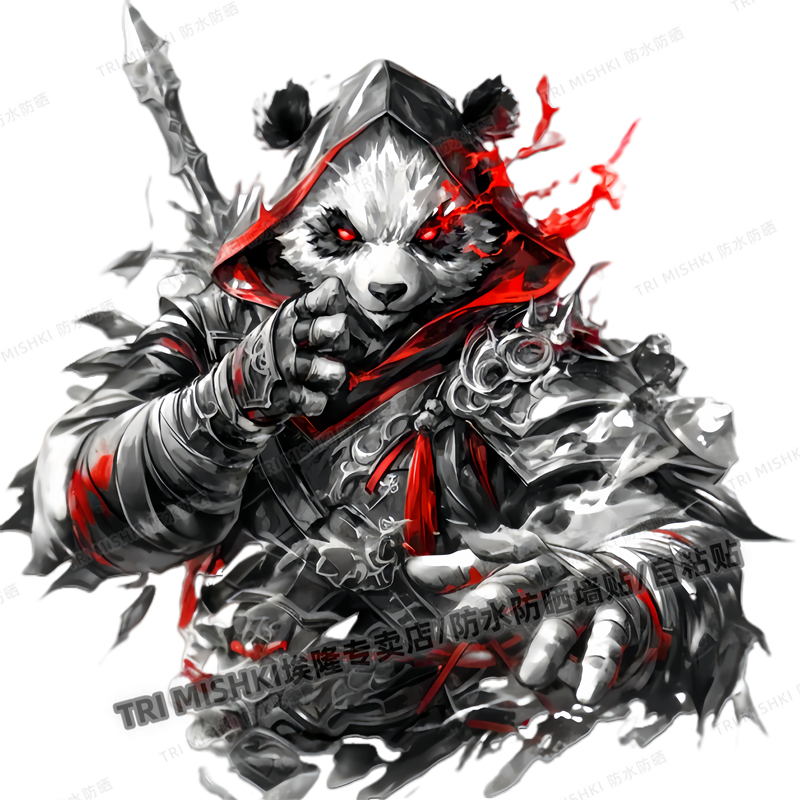 新款熊猫黑白武士墙贴纸摩托车电动车装饰贴纸冰箱马桶防水贴电脑