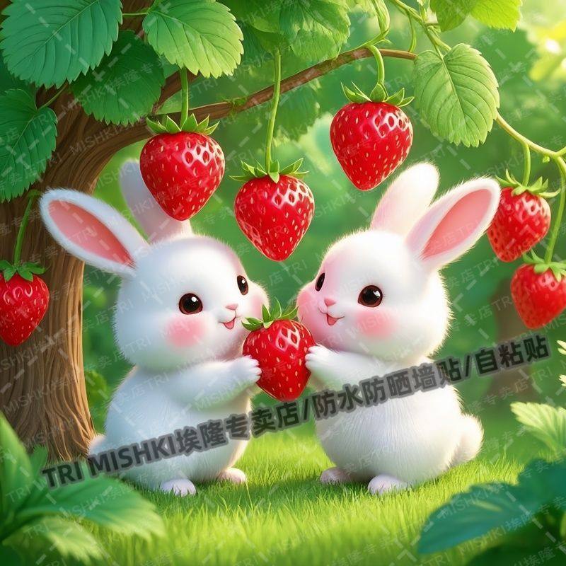 治愈系可爱的小兔子摘草莓贴纸客厅卧室书房装饰贴纸冰箱墙面贴,家居饰品,软装墙贴,淘宝优惠券,粉丝福利购,淘宝优惠卷