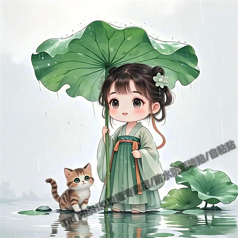 唯美汉服小美女和宠物猫贴纸汽车车身划痕贴纸卫生间马桶防水自粘