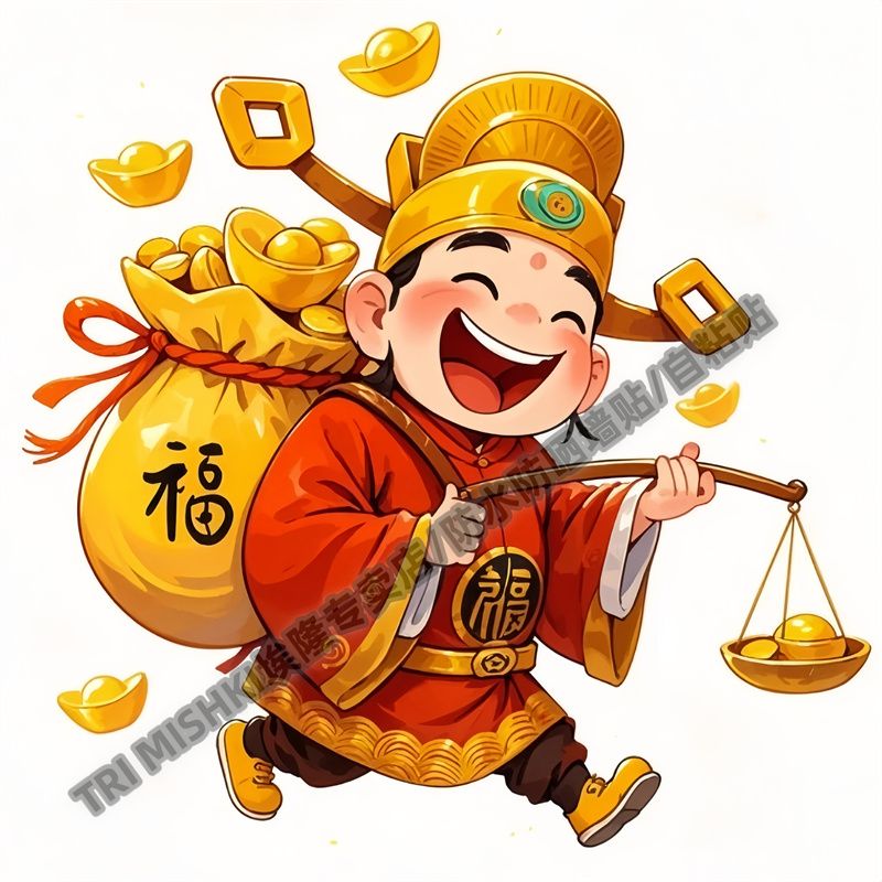 新款财神送财喜笑颜开贴纸冰箱衣柜装饰贴纸墙面门窗防水自粘贴