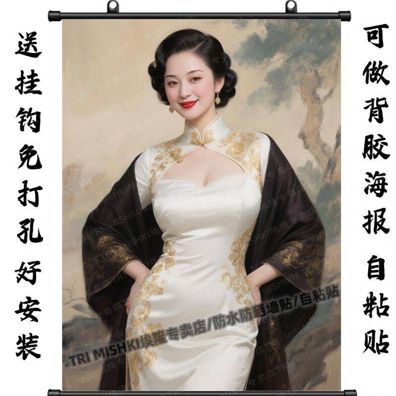 中式优雅复古美人挂画不褪色画卷轴画防水防油好质量油画布挂墙