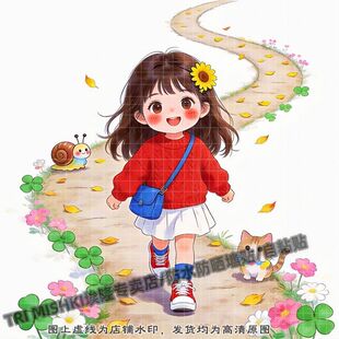 可爱的小女孩林间小路贴纸贴纸客厅玄关背景墙面墙防水贴纸自粘贴