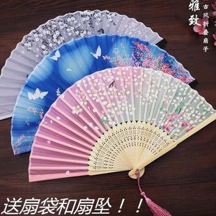 手工家扇子复古竹厂中国风扇工艺全日用全镂空古风竹折扇彩女绘礼
