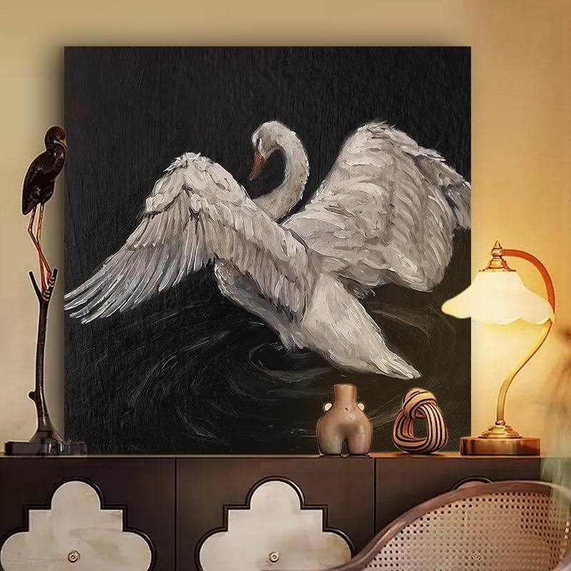 法式黑白天鹅高级感覆古艺术客厅摆件装饰画画饭厅挂墙壁画画中古