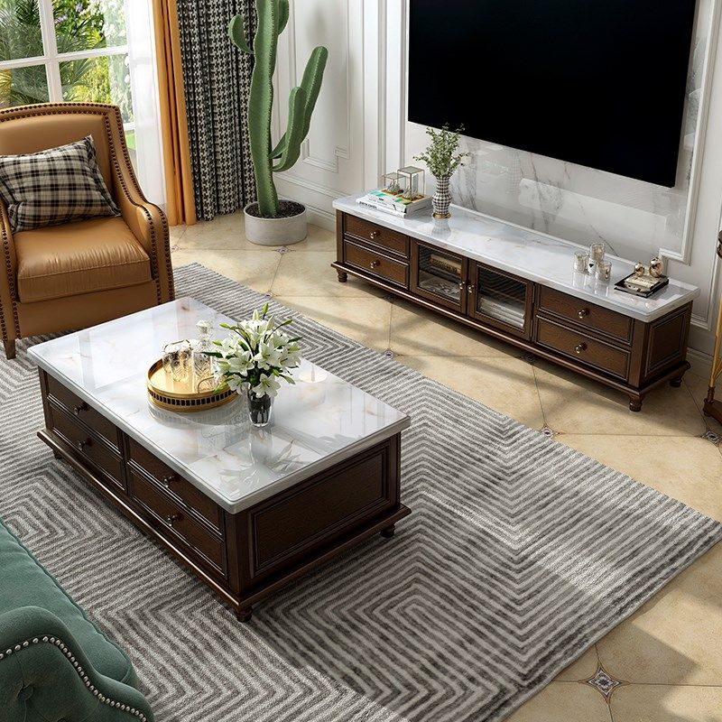 伊久美式全实木大理石茶几电视柜组合客厅小户型简约家用储物茶桌