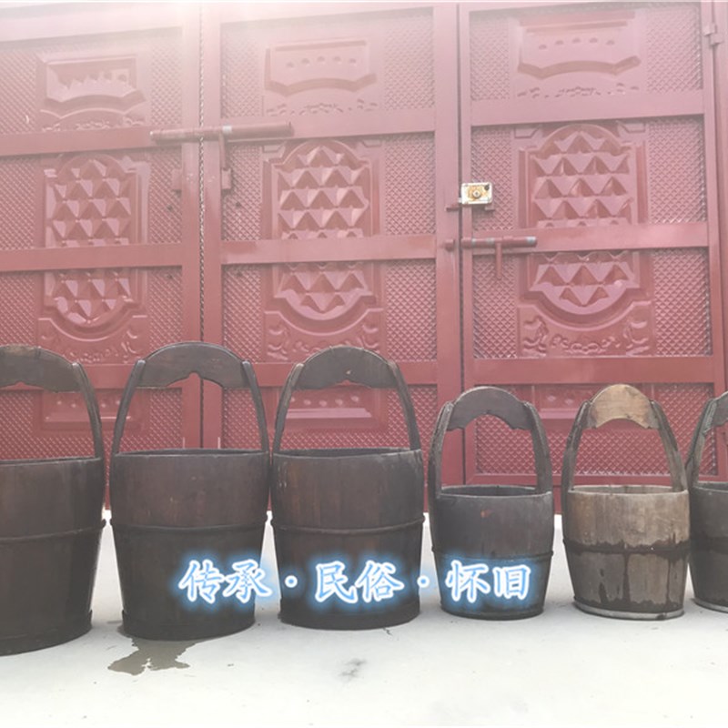 民俗怀旧老物件古代老木桶旧木盆老水桶手提旧木桶木盆实木花盆
