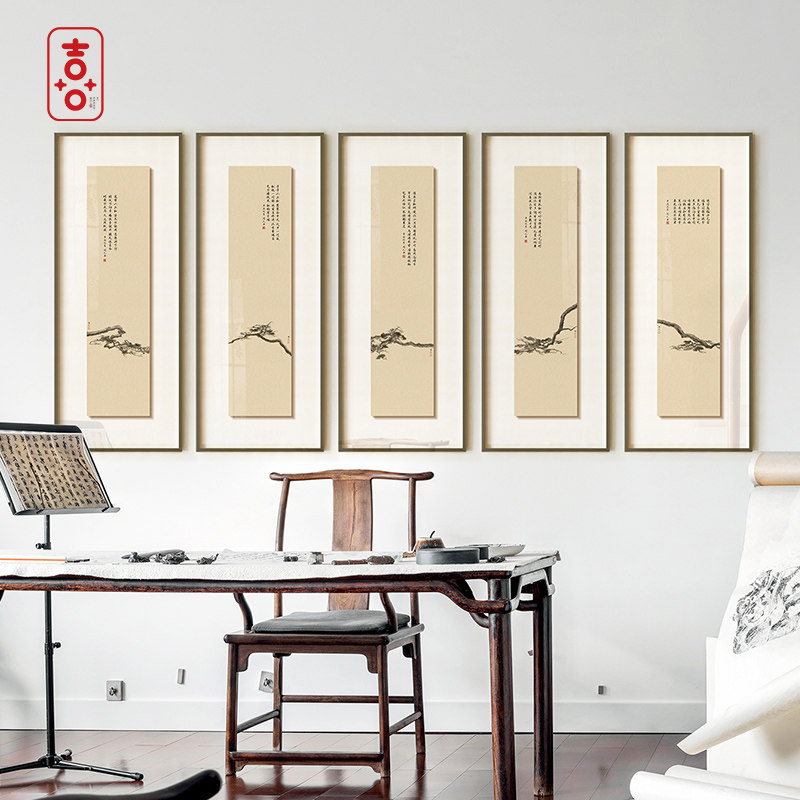 新中式玄关装饰画客厅书房背景墙竖版挂画进门入户松树悬浮装裱