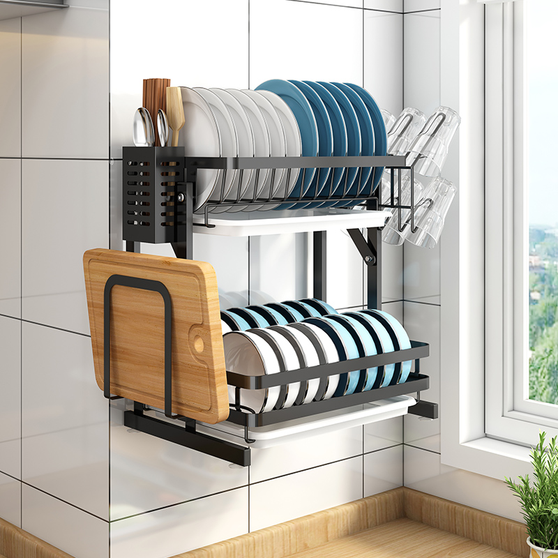 不锈钢碗架厨房置物架免安装折叠沥水架筷子笼晾放碗碟壁挂收纳架