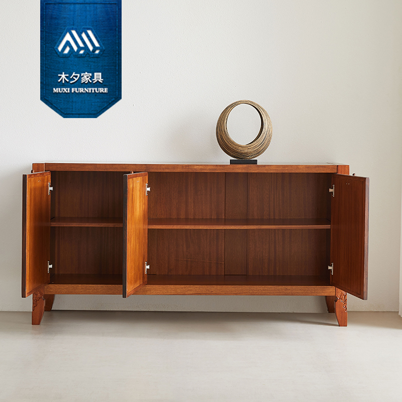 木夕新中式东南亚风格槟榔色胡桃实木家具竹节雕花储物酒餐边柜