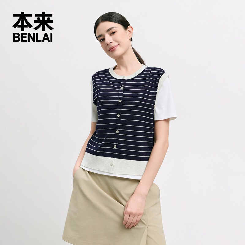 本来国内正品代购BNT960015女士撞色条纹针织T恤短款圆领上衣秋新