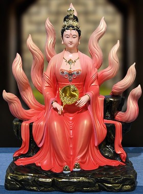 现货速发红色九尾狐像树脂彩绘青丘白狐九姑娘九尾娘娘像体摆件家