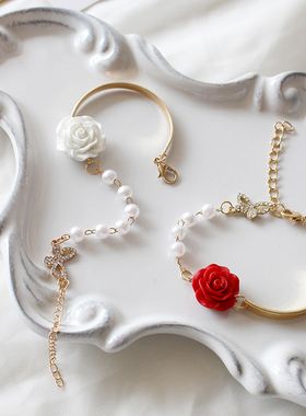 现货速发新品婚礼手腕花红玫瑰与白玫瑰珍珠花朵手链高级感伴娘手