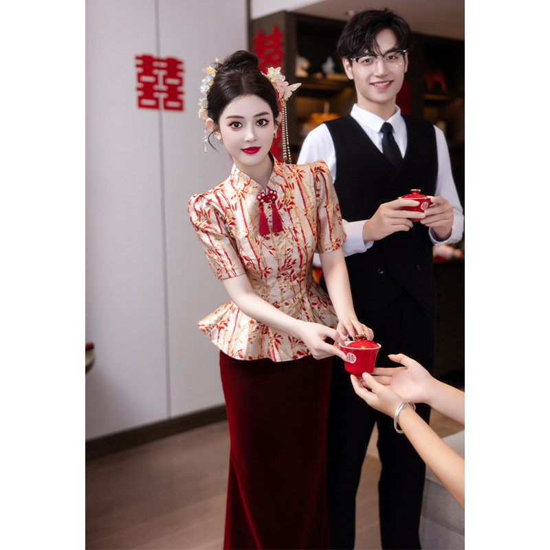 现货速发新中式改良鱼尾旗袍敬酒礼服/晚装