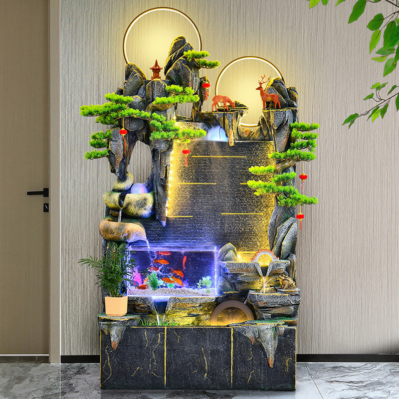 假山流水鱼缸景观摆件客厅玄关水幕墙落地屏风生财装饰办公室开业