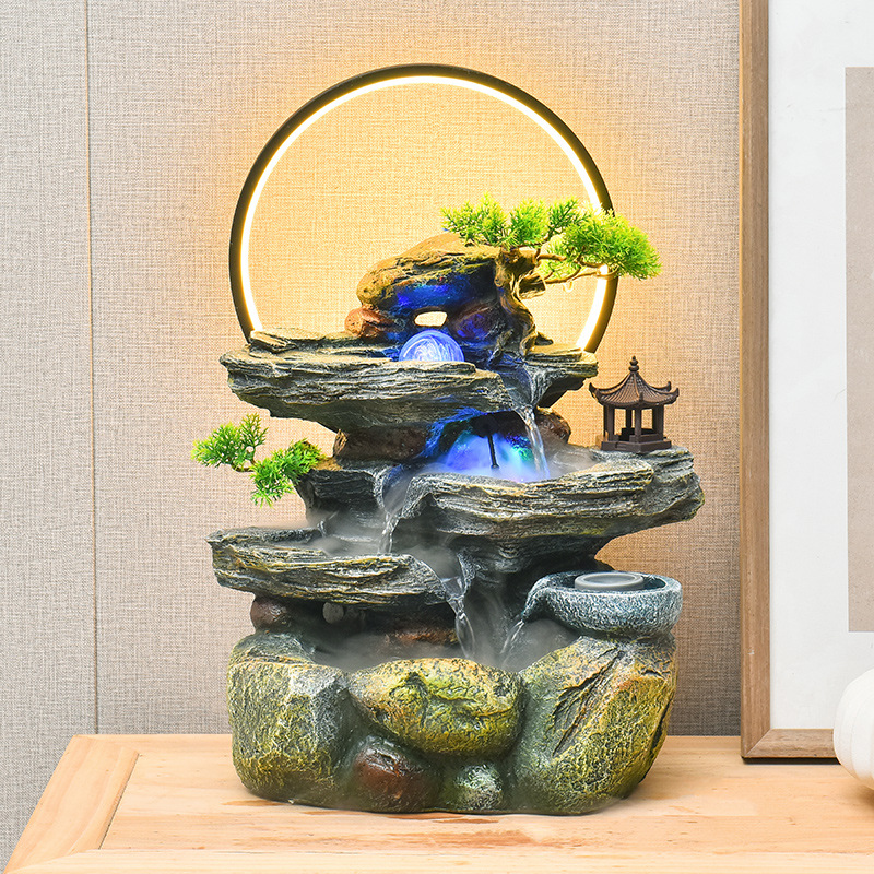 跨境桌面假山流水喷泉摆件开业办公室收银台高山循环水风水轮装饰