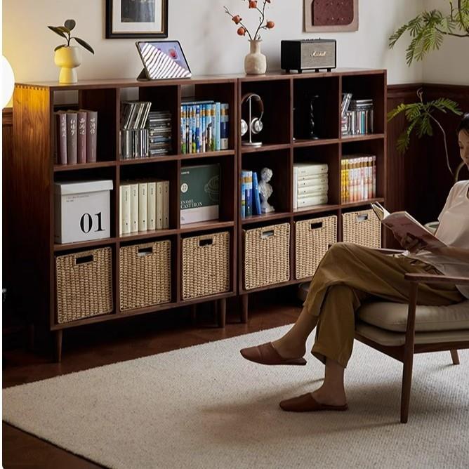 全实木书架家用黑胡桃木落地置物矮书柜儿童房半墙格子收纳储物柜