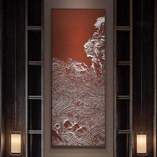 新中式红色装饰画入户玄关竖版立体挂饰抽象山水高端大气壁画浮雕