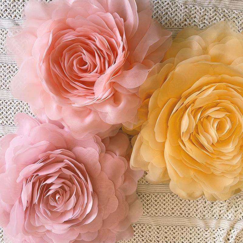 北欧黄色欧根纱花抱枕毛呢时尚靠垫飘窗软装枕套样板间床头靠枕