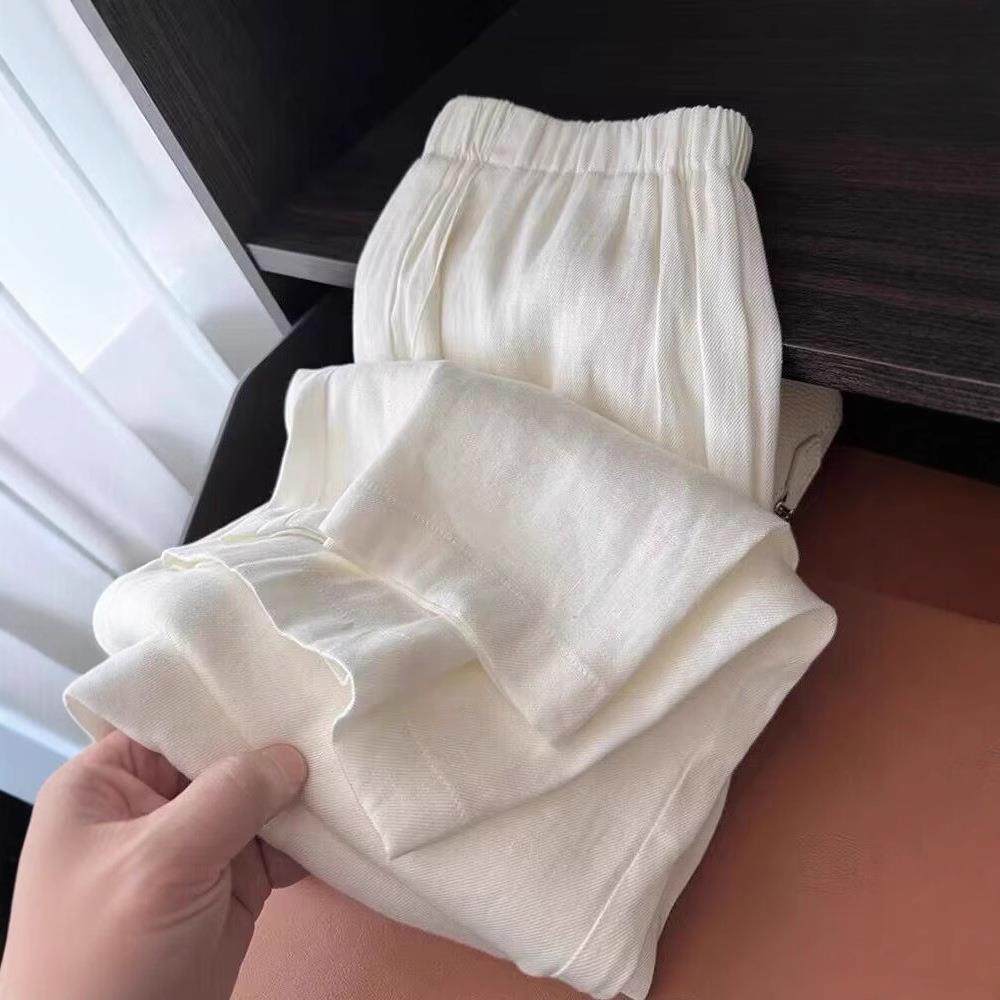 慵懒松弛棉麻阔腿裤女高端白色亚麻裤子女夏季薄款松紧腰休闲长裤