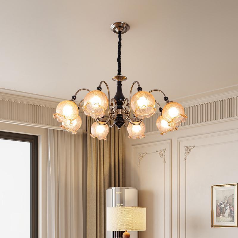 中古实木客厅吊灯法式复古铃兰花朵卧室护眼灯氛围感餐厅玻璃吊灯