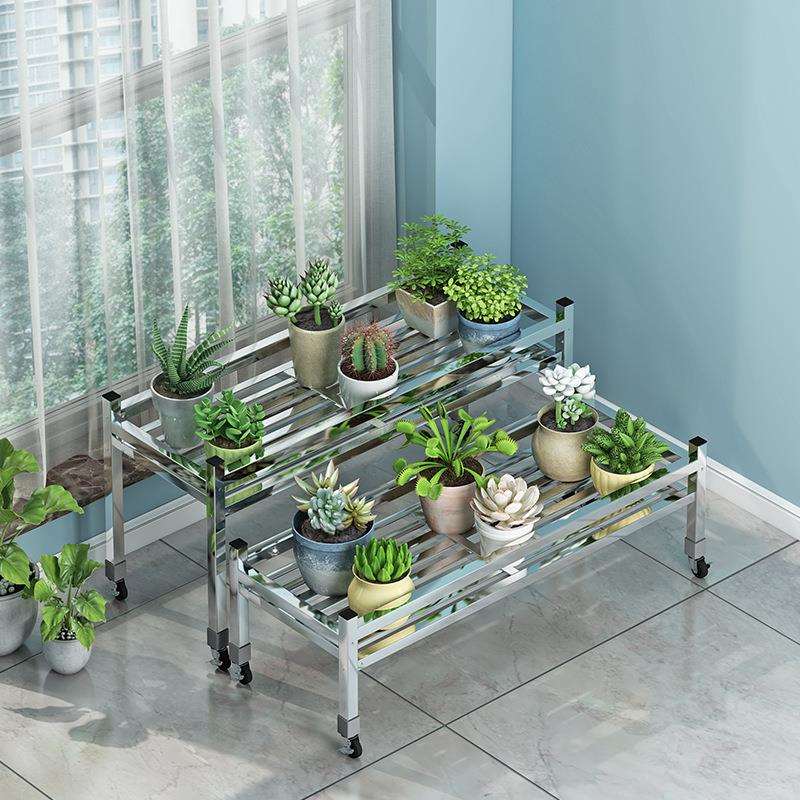 不锈钢花架带轮子加宽单层省空间家用阳台置物架户外可移动盆架子