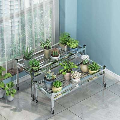 不锈钢花架带轮子加宽单层省空间家用阳台置物架户外可移动盆架子