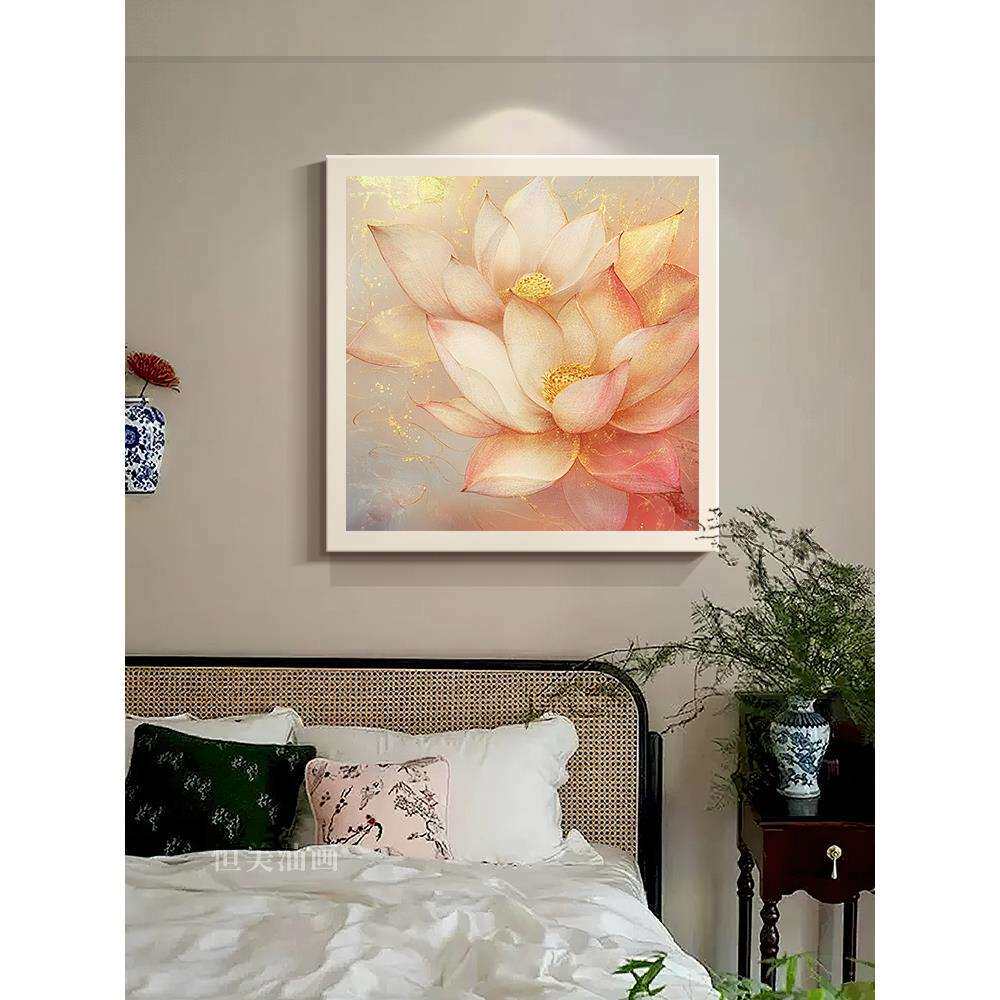 绮梦金荷丨手绘油画荷花新中式复古风客厅装饰画玄关餐厅挂画方形