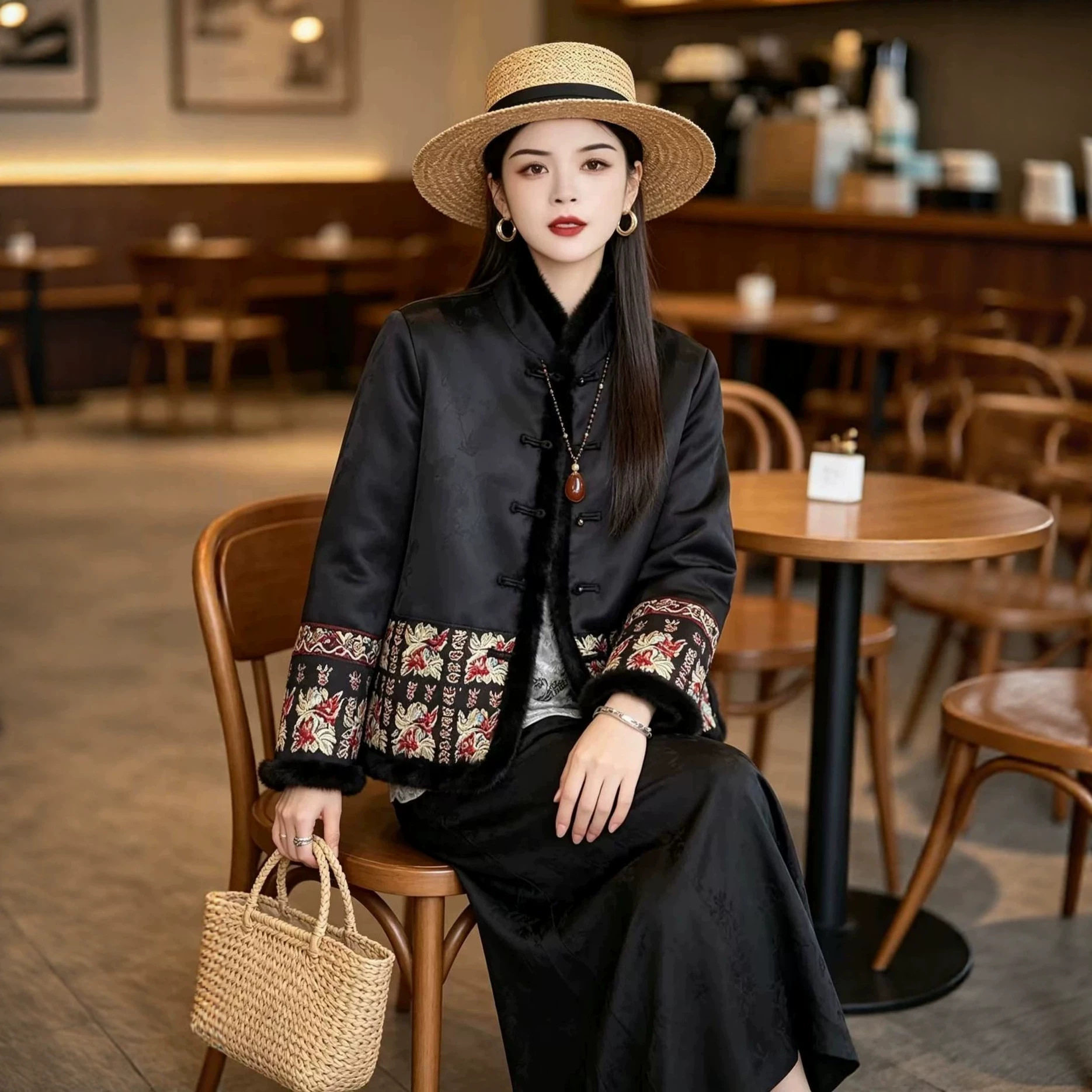 2026新款新中式国风女装重工刺绣皮兔毛棉衣复古老钱风短款外套