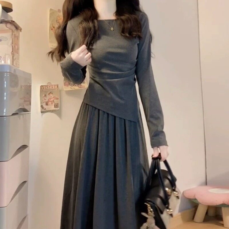 小个子甜蜜巨好看的早春穿搭灰色套装女装秋季新款收腰高级感长裙